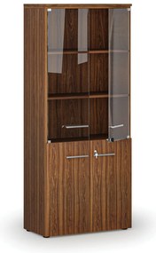 Kombinovaná kancelárska skriňa PRIMO WOOD s drevenými a sklenenými dverami, 800 x 420 x 1781 mm, orech