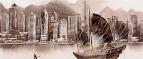 Obrázok - Victoria Harbor, Hong Kong, sépiový efekt (120x50 cm)
