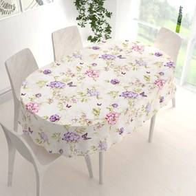 Biante Bavlnený oválny obrus Sandra SA-532 Fialové kvety s motýlikmi na svetlo krémovom 120x180 cm