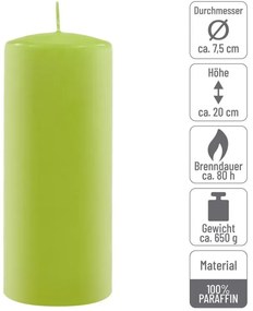 Sada stĺpových sviečok, 20 cm, Ø 7,5 cm, svetlozelená, 4 ks
