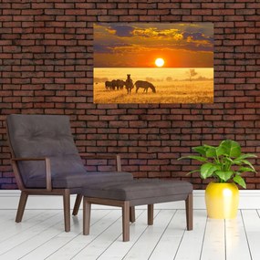 Obraz - Zebry so západom slnka (90x60 cm)