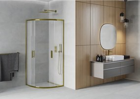 Mexen Rio, štvrťkruhový sprchovací kút s posuvnými dverami 80(dvere) x 80(dvere) x 190 cm, 6mm sklo námraza, zlatý lesklý profil, 863-080-080-50-30