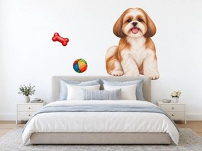 Shih-tzu s loptičkou a kosťou akvarelové textilné nálepky na stenu pre milovníkov shih-tzu arch 32 x 46 cm