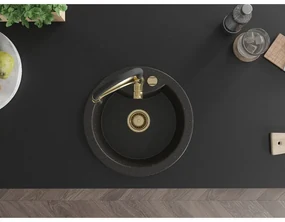 Mexen Diego, 1-komorový granitový drez 488x488x167 mm a drezová batéria Aster, čierna-zlatá metalíza, 6512-75-73450-57-G