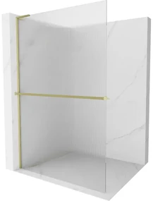 Mexen Kioto+ L, sprchová zástena Walk-In s poličkou a vešiakom 90 x 200 cm, 8mm sklo s rebrovým vzorom, zlatý matný profil, 800-090-123-55-09