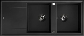 Laveo Megalo, 2-komorový granitový drez 1160x500x185 mm s dlhým odkvapávačom, čierna škvrnitá, LAV-SBE_721T
