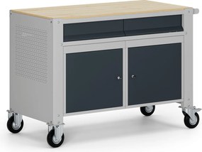 Pojazdný dielenský stôl G9, 2 skrinky, 2 zásuvky, 1180 x 595 x 865-1130 mm, sivá/grafit