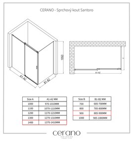 Cerano Santoro, sprchový kút s posuvnými dverami 140(dvere) x 90(stena) x 195 cm, 6mm číre sklo, čierny profil, CER-CER-431524