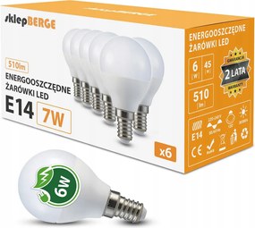 6x LED žiarovka E14 g45 7W 620lm - studená biela