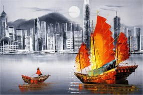 Obraz - Victoria Harbor, Hong Kong, čiernobiela olejomaľba (90x60 cm)