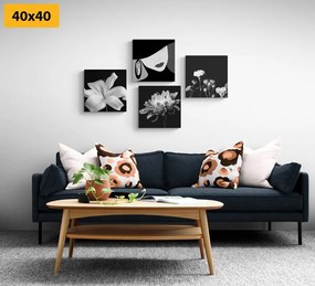 Set obrazov elegancia ženy a kvetov v čiernobielom prevedení - 4x 60x60