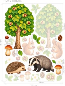 Gaštanové stromy s veveričkami a jazvecom gaštanové nálepky na stenu do izby pre chlapcov aj dievčatá arch 34 x 46 cm