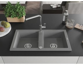 Mexen Mario, 2-komorový granitový drez 820x436x161 mm a drezová batéria Flora, šedá, 6504-71-670401-00