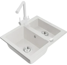 Mexen Carlos, 1,5-komorový granitový drez 582x475x177 mm a drezová batéria Duero, biela, 6518-20-671600-20