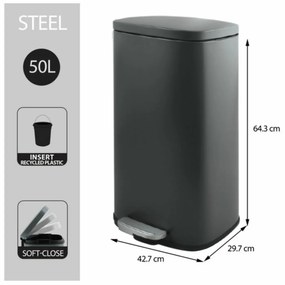Spirella Akira 50 l odpadkový kôš s pedálom atichým zatváraním, matná sivá farba, 50 l