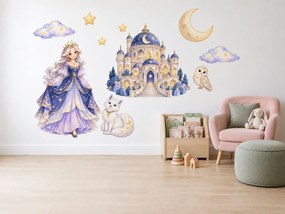 Mesačná princezná a hviezdny zámok nočné rozprávkové akvarelové nálepky na stenu pre dievčatká arch 46 x 34 cm