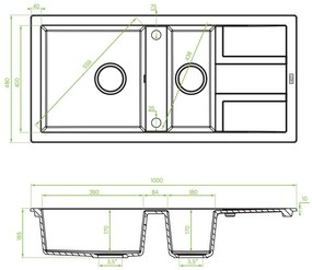 Laveo Barbados, 1,5-komorový granitový drez 1000x480x185 mm, šedá, LAV-SBB_531T