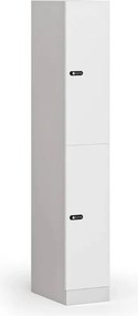 Šatníková skrinka S1 s úložnými boxmi, 2 boxy, 1850 x 300 x 500 mm, demont, mechanický kódový zámok, laminované dvere, biela
