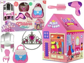 LEAN Toys Princeznovský stan pre deti Kozmetický salón Ružové doplnky Koruna