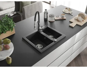 Mexen Carlos, 1,5-komorový granitový drez 582x475x177 mm a drezová batéria Aster, čierna-strieborná metalíza, 6518-73-73450-07