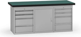 Pracovní stůl do dílny, 1800 x 750 x 800 mm, 1x skříňka, 2x kontejner, 8 zásuvek, sivá