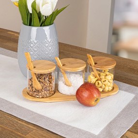 4home Sada sklenených dóz s podnosom a lyžičkami Bamboo, 310 ml