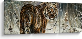 Obraz - Tiger v zasneženom lese, olejomaľba (s hodinami) (90x30 cm)