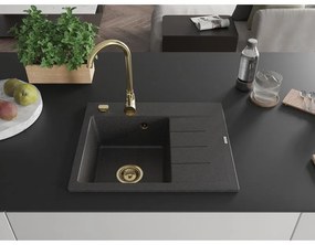 Mexen Ben, 1-komorový granitový drez 600x500x190 mm, ľavý + zlatý sifón, čierna škvrnitá, 6522605000-76-G