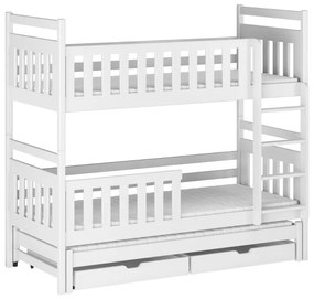 Detská poschodová posteľ z masívu borovice KLÁRA s prístelkou a šuplíkmi - 200x90 cm - BIELA