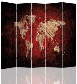 Ozdobný paraván Mapa světa - 180x170 cm, päťdielny, klasický paraván