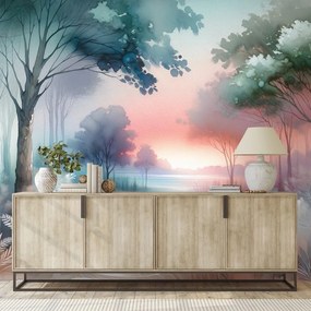 Samolepiaca tapeta pastelová lesná krajina pri západe slnka