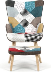 Relaxačné kreslo ušiak LISA + taburet — masív, látka, patchwork