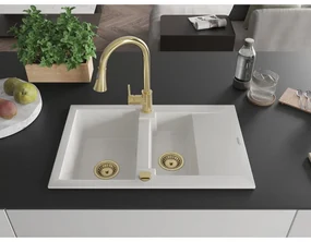 Mexen Gaspar, 1,5-komorový granitový drez 737x475x177 mm a drezová batéria Elia, biela, 6507-20-670101-50