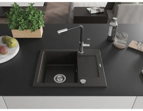 Mexen Enzo, 1-komorový granitový drez 576x465x174 mm a drezová batéria Flora, čierna-zlatá metalíza, 6506-75-670401-07