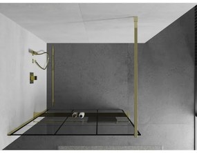 Mexen Kioto+, sprchová zástena s poličkou a držiakom na uteráky 100 x 200 cm, 8mm číre sklo vzor čierny, zlatý profil, 800-090-121-50-77