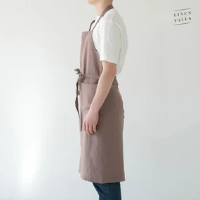 Starofialová ľanová zástera Linen Tales Chef, dĺžka 100 cm