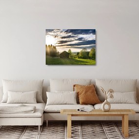 Sklenený obraz chaty na lúke (70x50 cm)