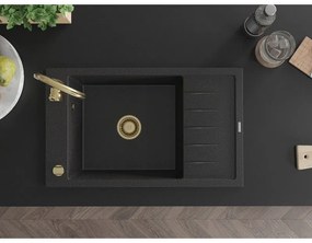 Mexen Elias, granitový drez granitový 795x480x200 mm, 1-komorový, čierna-strieborná metalíza so zlatým sifónom, 6511791005-73-G