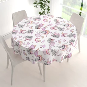Biante Detský bavlnený okrúhly obrus Sandra SA-464 Slony s fialovou dúhou na bielom Ø 70 cm