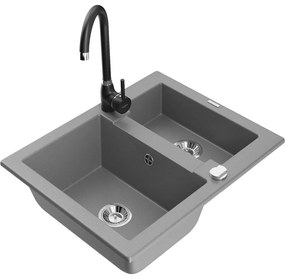 Mexen Carlos, granitový drez 582x475x177 mm, 1,5-komorový a čierna drezová batéria Telma, šedá, 6518-71-670200-70