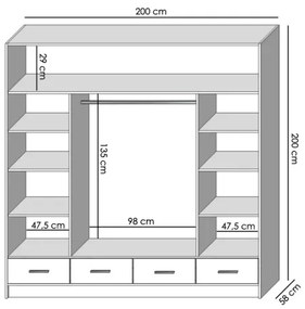 Šatní skriňa so zrkadlom SANNA 200x215 cm dub sonoma