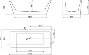 Mexen Volta, voľne stojaca nástenna vaňa 170 x 75 cm, biela, medený prepad, 51131707500-65