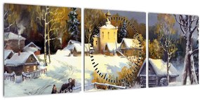 Obraz - Zimné mestečko (s hodinami) (90x30 cm)