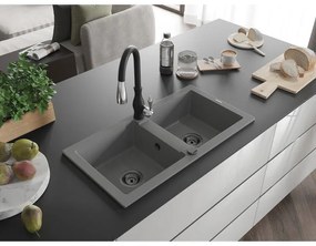 Mexen Mario, 2-komorový granitový drez 820x436x161 mm a drezová batéria Savita, šedá, 6504-71-672601-70-B