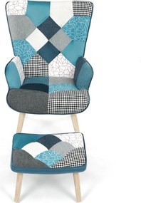 Relaxačné kreslo ušiak LISA + taburet — masív, látka, modrý patchwork