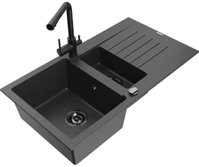 Mexen Matias, granitový drez 900x505x200 mm, 1,5-komorový a čierna batéria Duero, čierna škvrnitá, 6502-76-671600-70-B