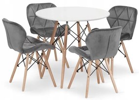 Jedálenská zostava TODI 80cm okrúhly stolový set biely + 4 stoličky LAGO sivé