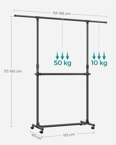 Dvojitý vešiak na oblečenie, nastaviteľná horná tyč, s kolieskami, 113-180 cm, čierny