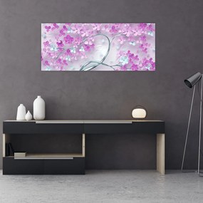 Obraz kvetov na striebornom kmeni - abstrakt (120x50 cm)