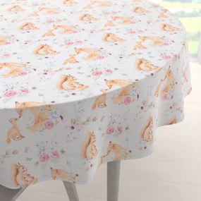 Biante Detský bavlnený okrúhly obrus Sandra SA-694 Veveričky a líšky medzi kvietkami na bielom Ø 120 cm